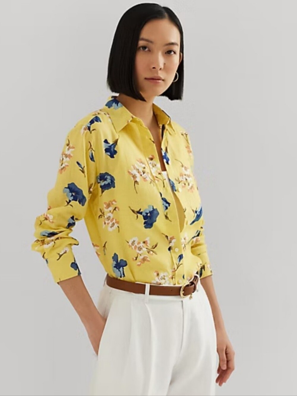 Lauren Ralph Lauren Relaxed Fit Yellow Floral Linen Shirt Women's Size XL - Picture 2 of 10